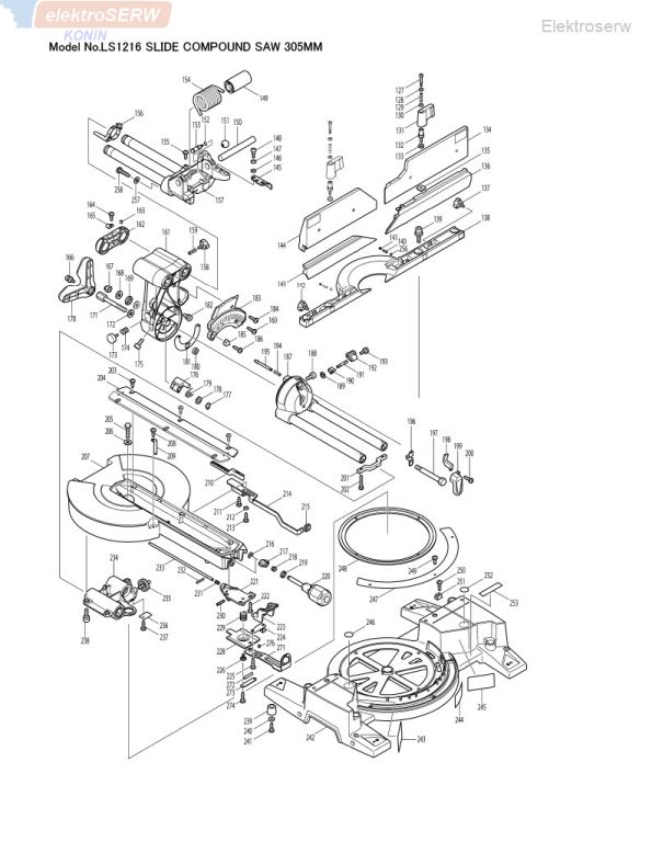 Makita schemat i spis części do piły ukośnicy LS1216
