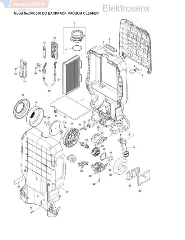 Makita schemat i spis części do akumulatorowego odkurzacza plecakowego DVC660